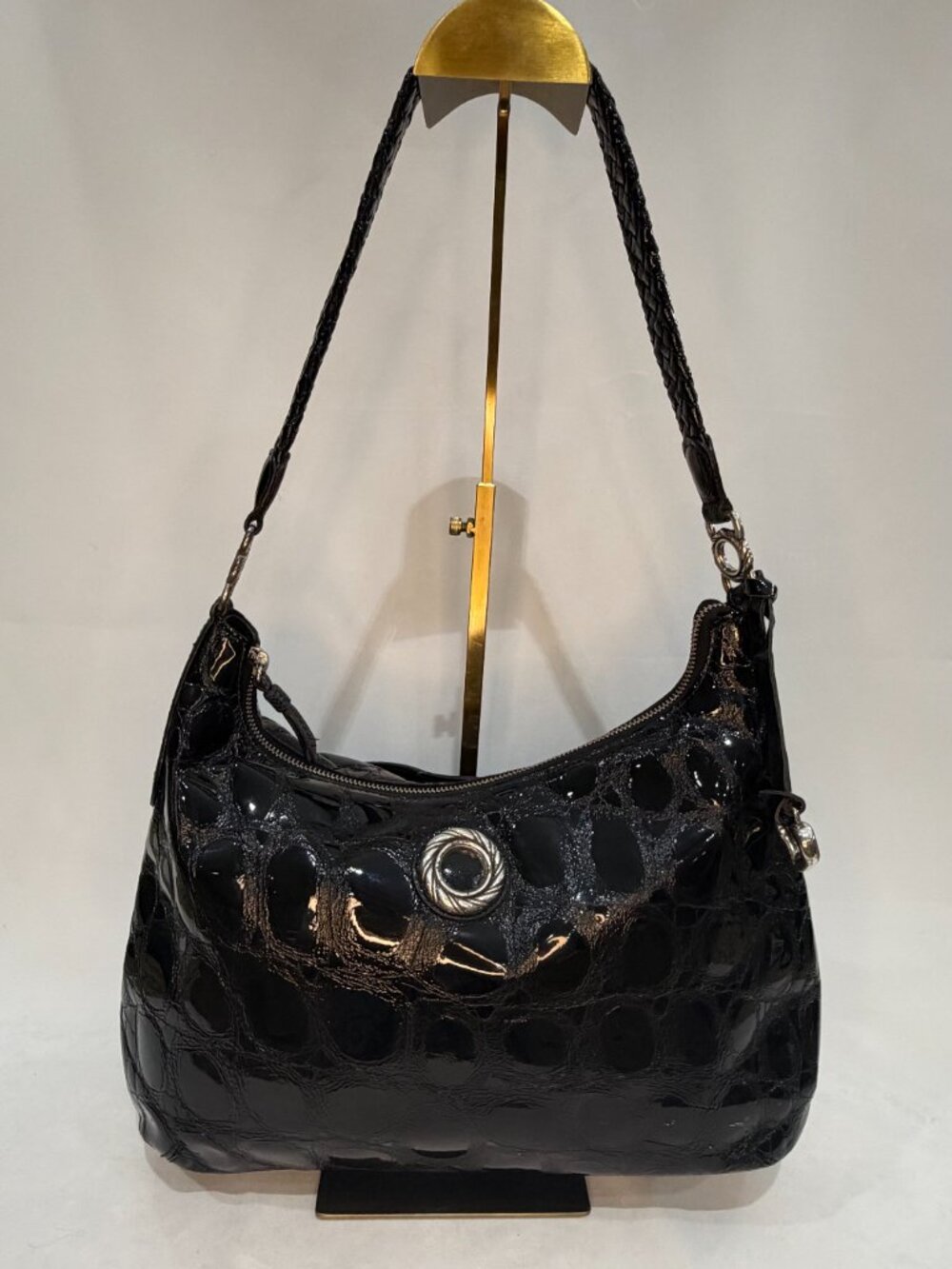 Brighton Black Croc Embossed Patent Leather Hobo Bag